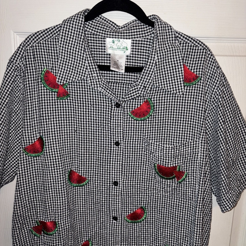 Vtg Quacker Factory Camp Shirt 1X Black Gingham Embroidered Watermelon Button Up